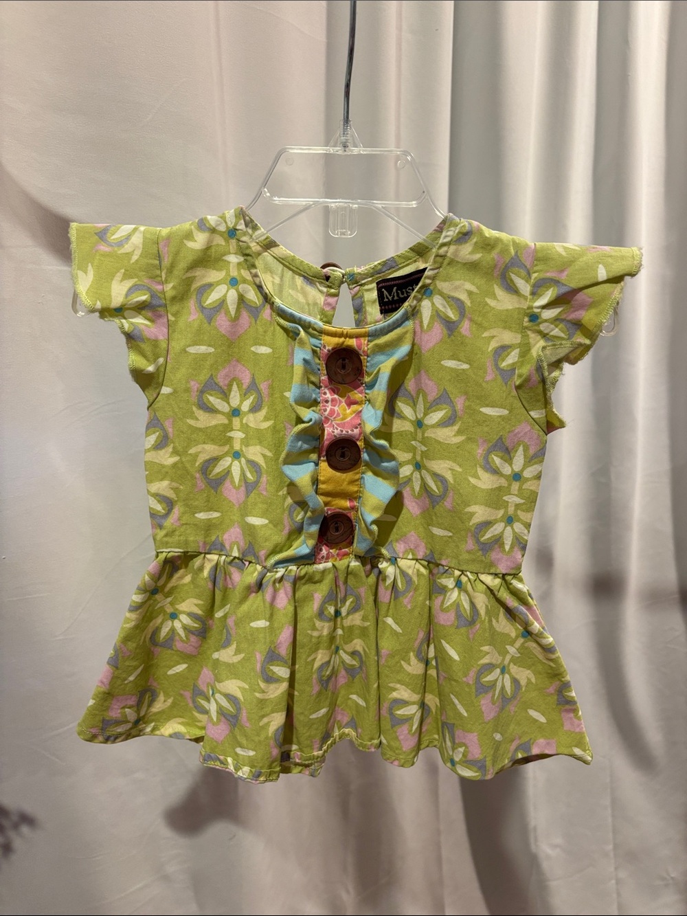 Mustard Pie Lime Green Floral Ruffle Button Peplum Top